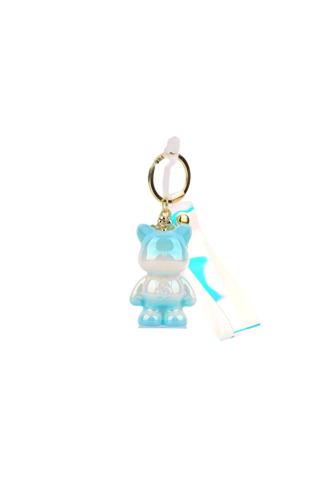 Gradient blue and pink chubby cat keyring with a glossy reflective finish, perfect for accessorizing keys, bags, or gifting.
