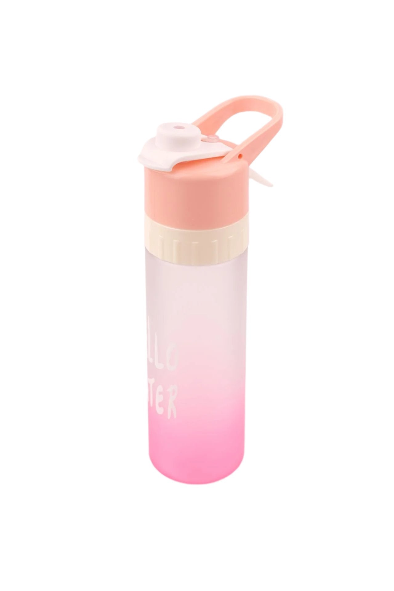Gradient pink water bottle with 'Hello Water' text, featuring a mist spray function and flip lid, perfect for hydration and cooling during outdoor activities.