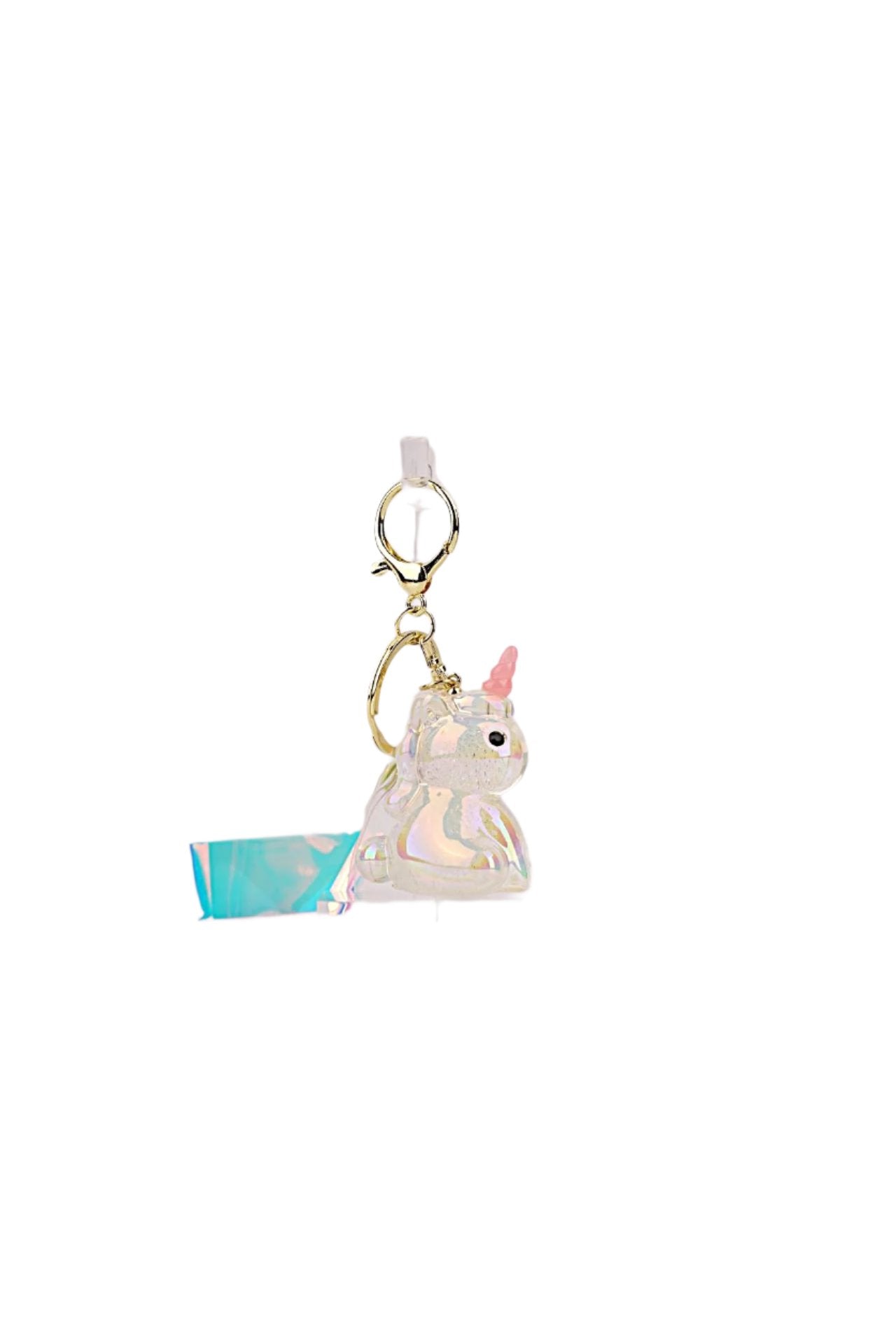 Clear glitter unicorn keyring with a soft pink horn and shimmering details, ideal for accessorizing keys, bags, or gifting.