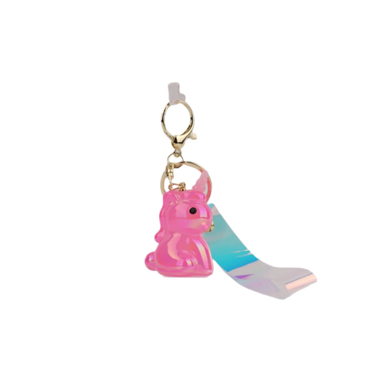 Glossy pink unicorn keyring with a playful design and gold clasp, perfect for accessorizing keys, bags, or gifting.