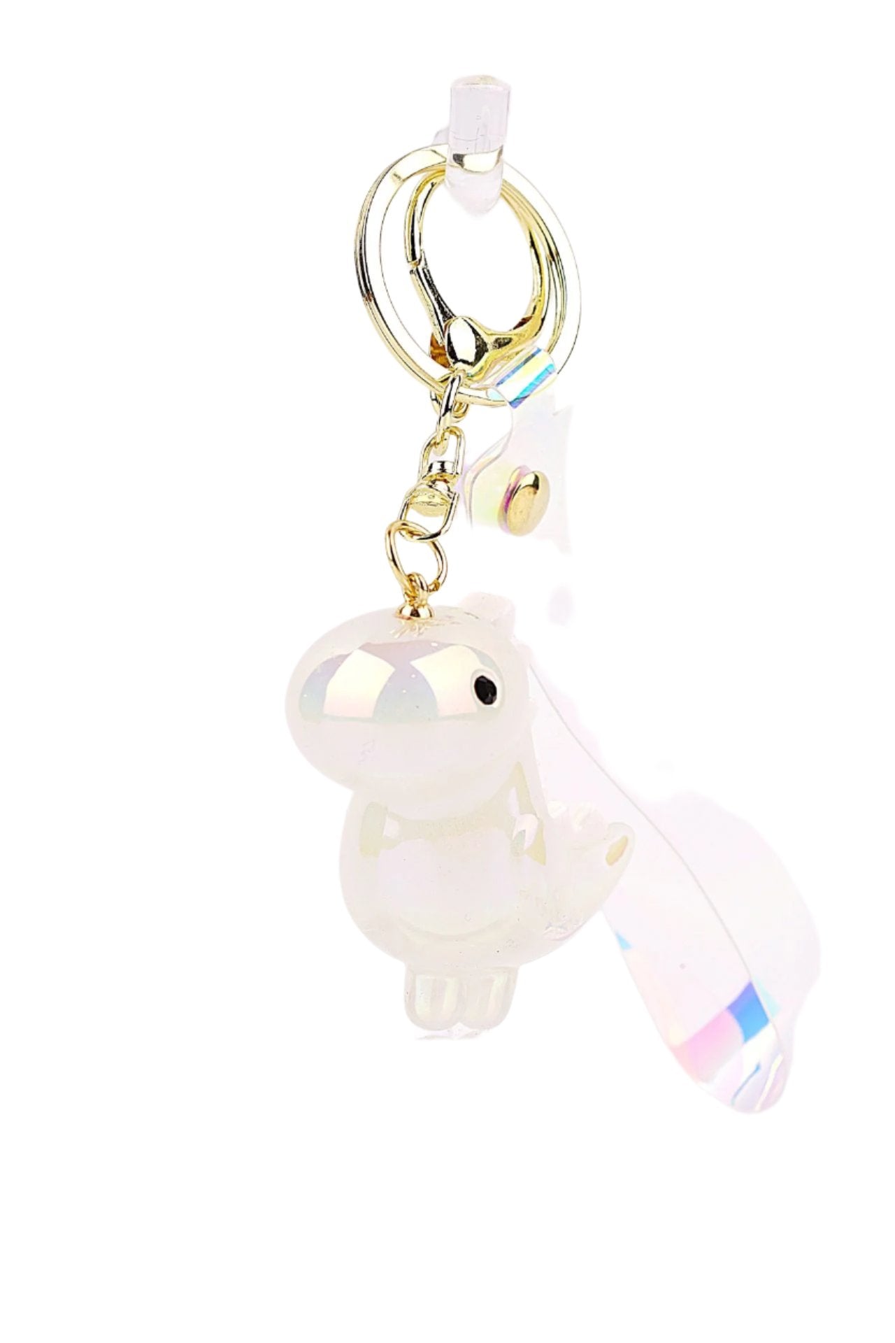 Glossy iridescent dinosaur keyring with a pearl-like finish and golden clasp, ideal for keys, bags, or gifting.