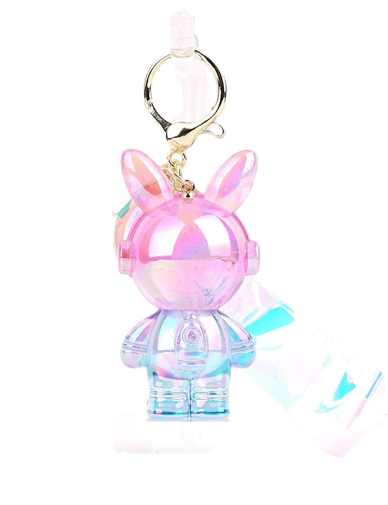 Iridescent Gradient Astronaut Bunny Keyring – Pink and Blue Keychain Accessory