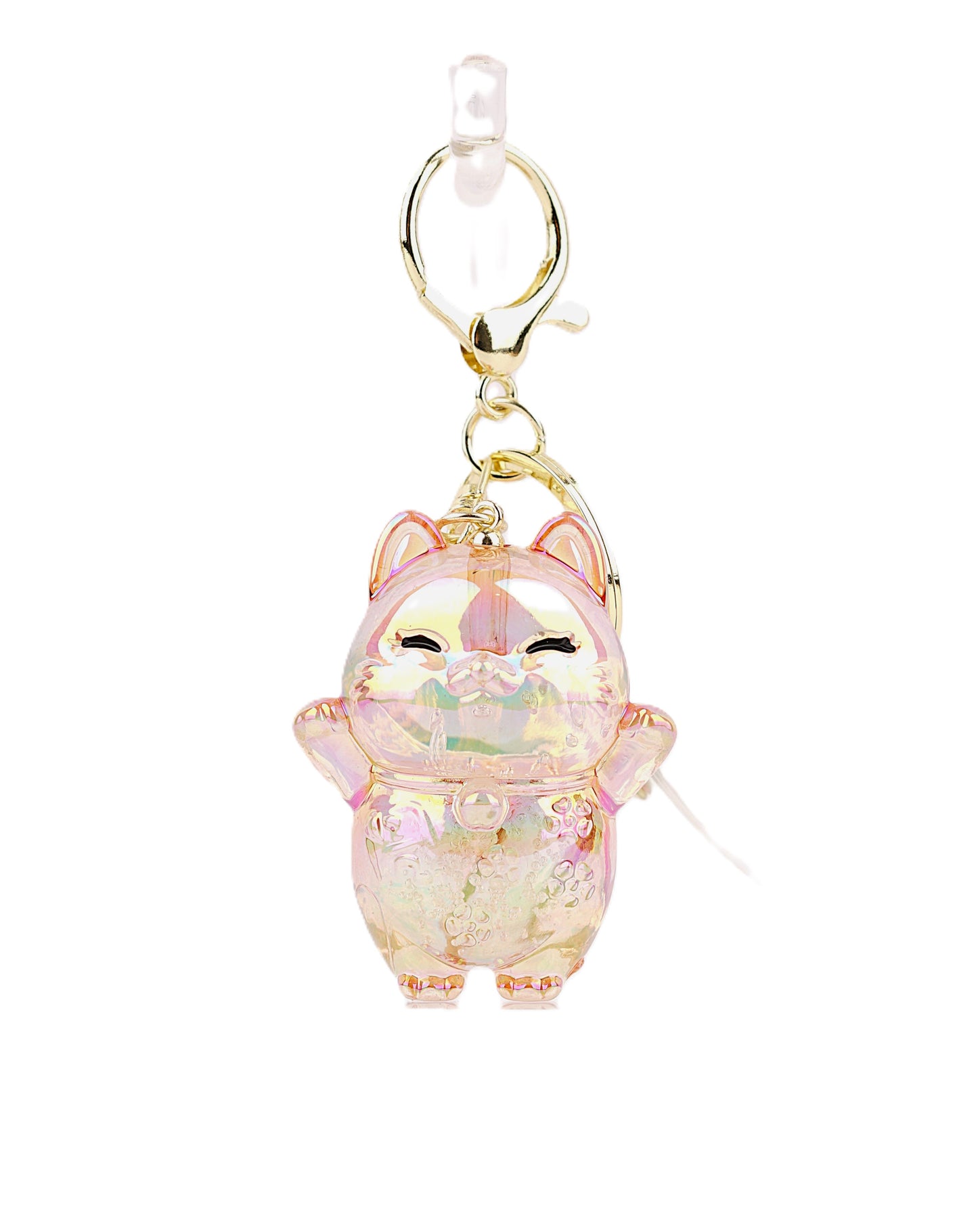 Translucent Lucky Cat keyring with an iridescent finish and glitter details, featuring a Maneki-neko design perfect for keys, bags, or gifting.