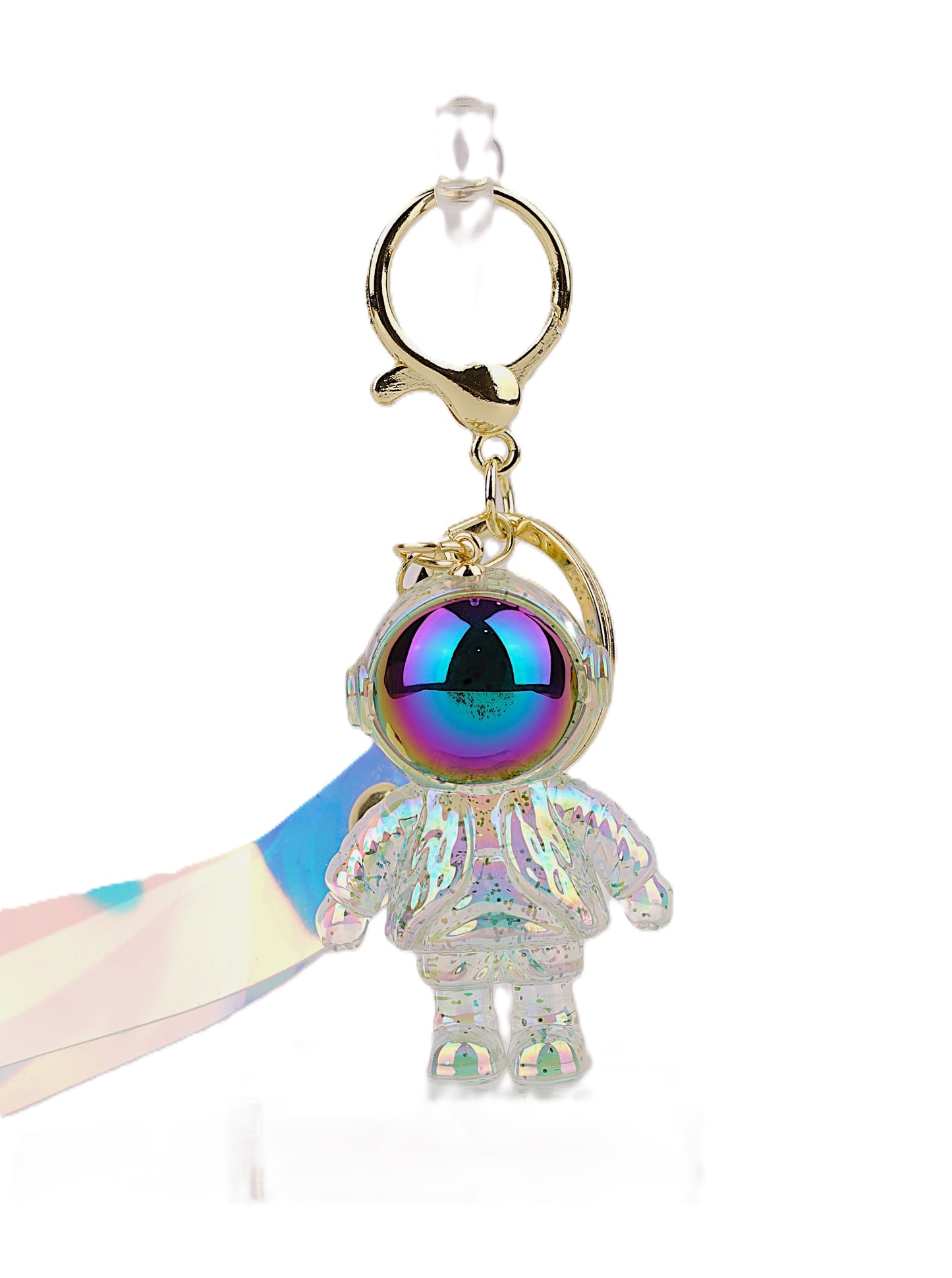 Holographic astronaut keyring with a glitter suit and shimmering helmet, perfect for keys, bags, or gifting.