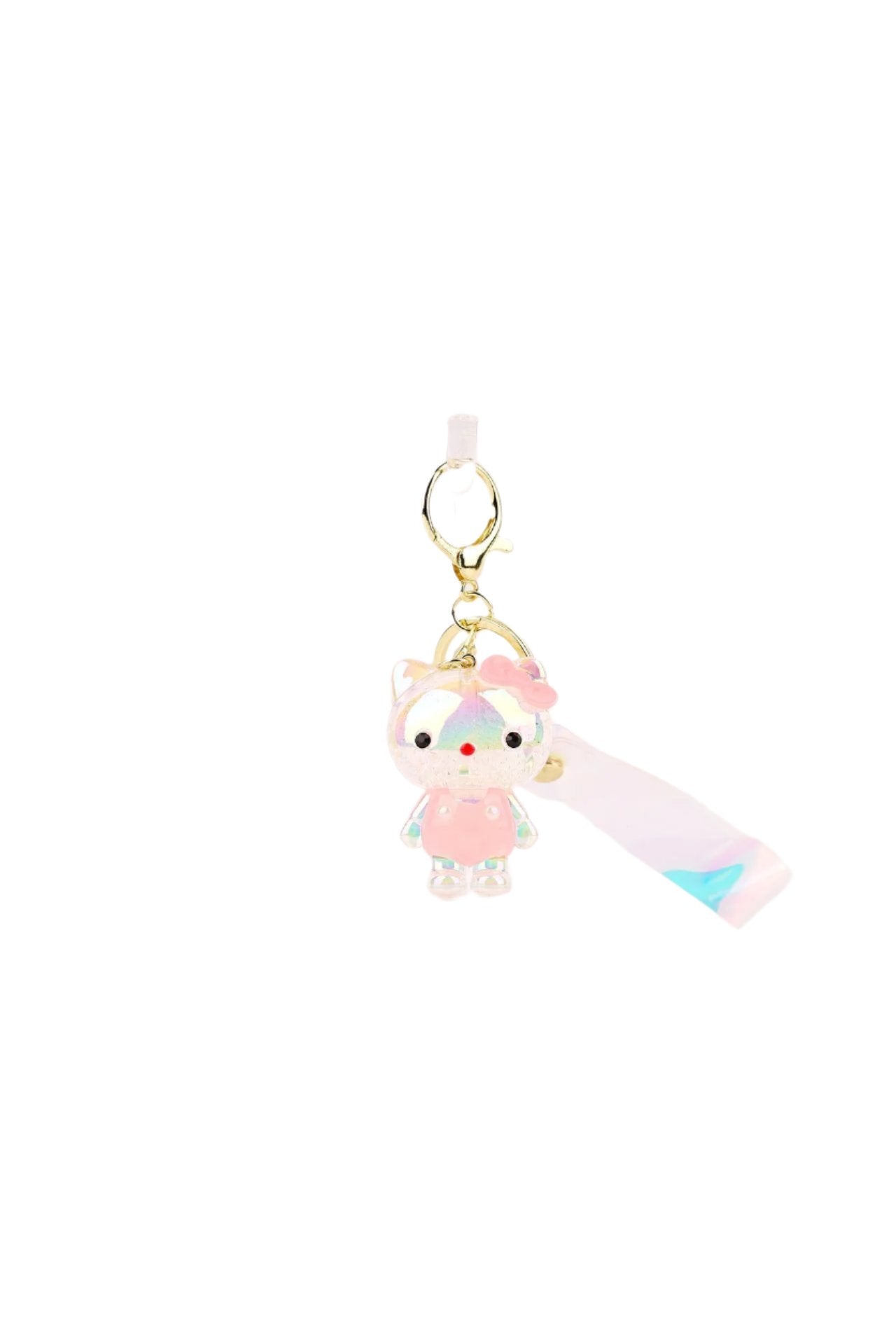 Holographic kitten keyring with a pink bow and apron design, featuring a glossy finish, perfect for accessorizing keys, bags, or gifting.