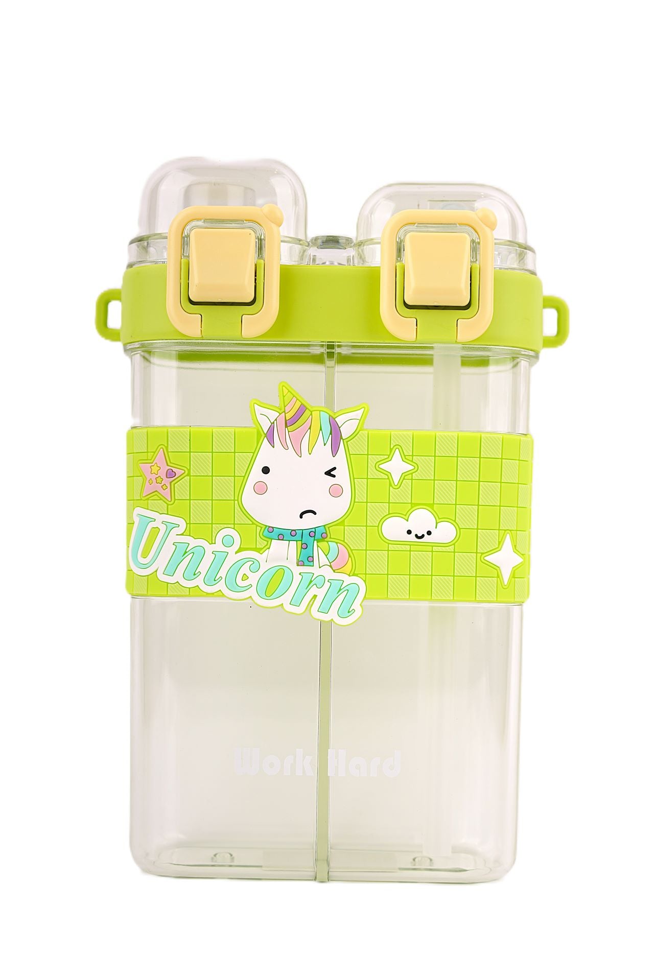 Green dual-compartment water bottle featuring a cute unicorn design with vibrant colors, perfect for kids and everyday use.