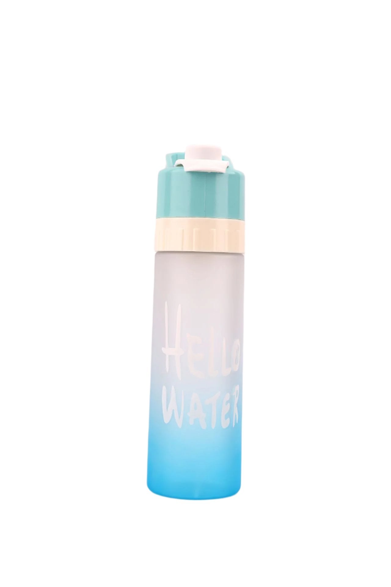 Gradient blue water bottle with 'Hello Water' text, featuring a mist spray function and flip lid, perfect for hydration and cooling during outdoor activities.