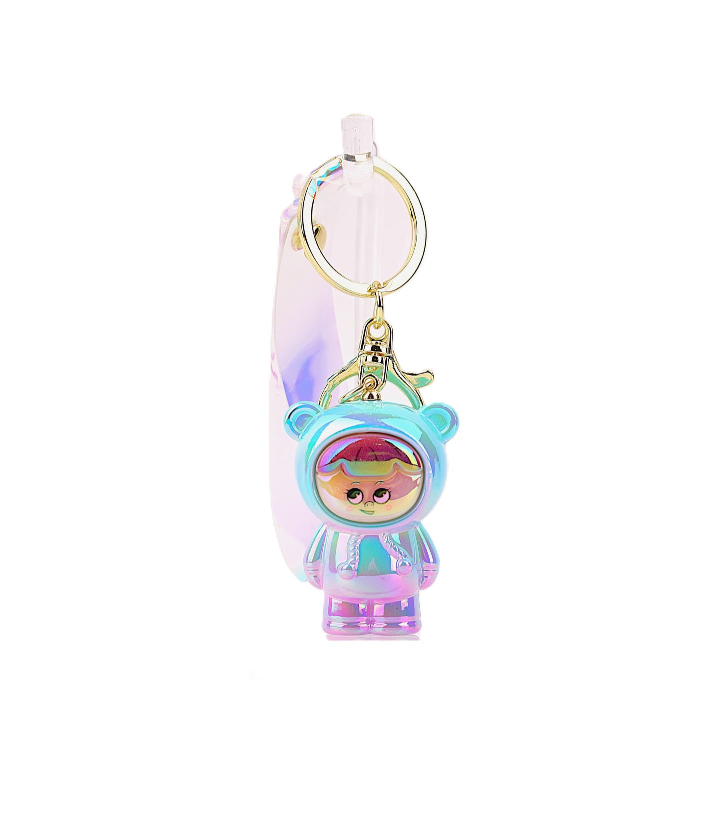 "Little Girl in Bear Outfit Keyring – Holographic and Adorable Keychain Accessory