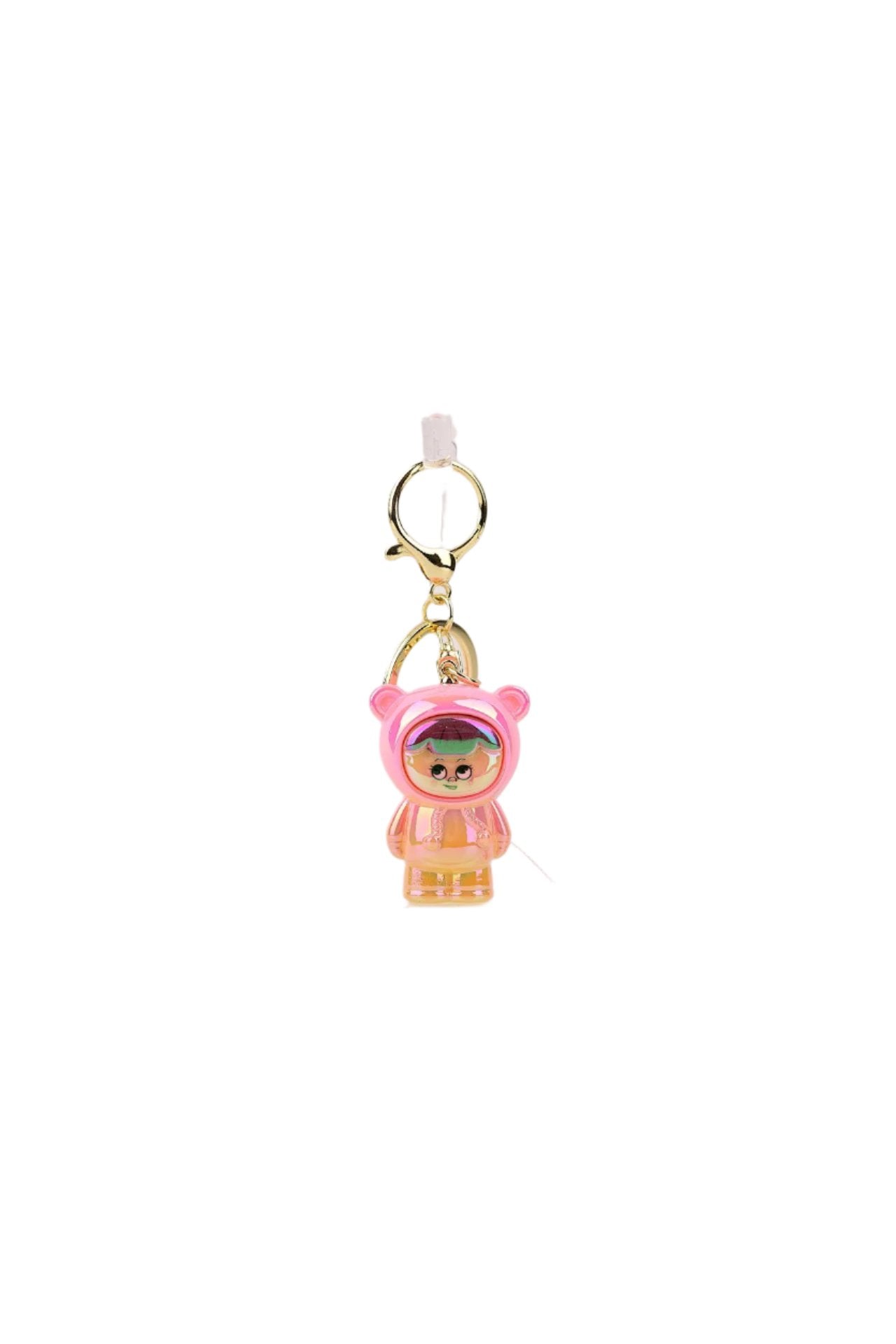 Keyring featuring a little girl in a pink bear outfit with a glossy finish, perfect for accessorizing keys, bags, or gifting.