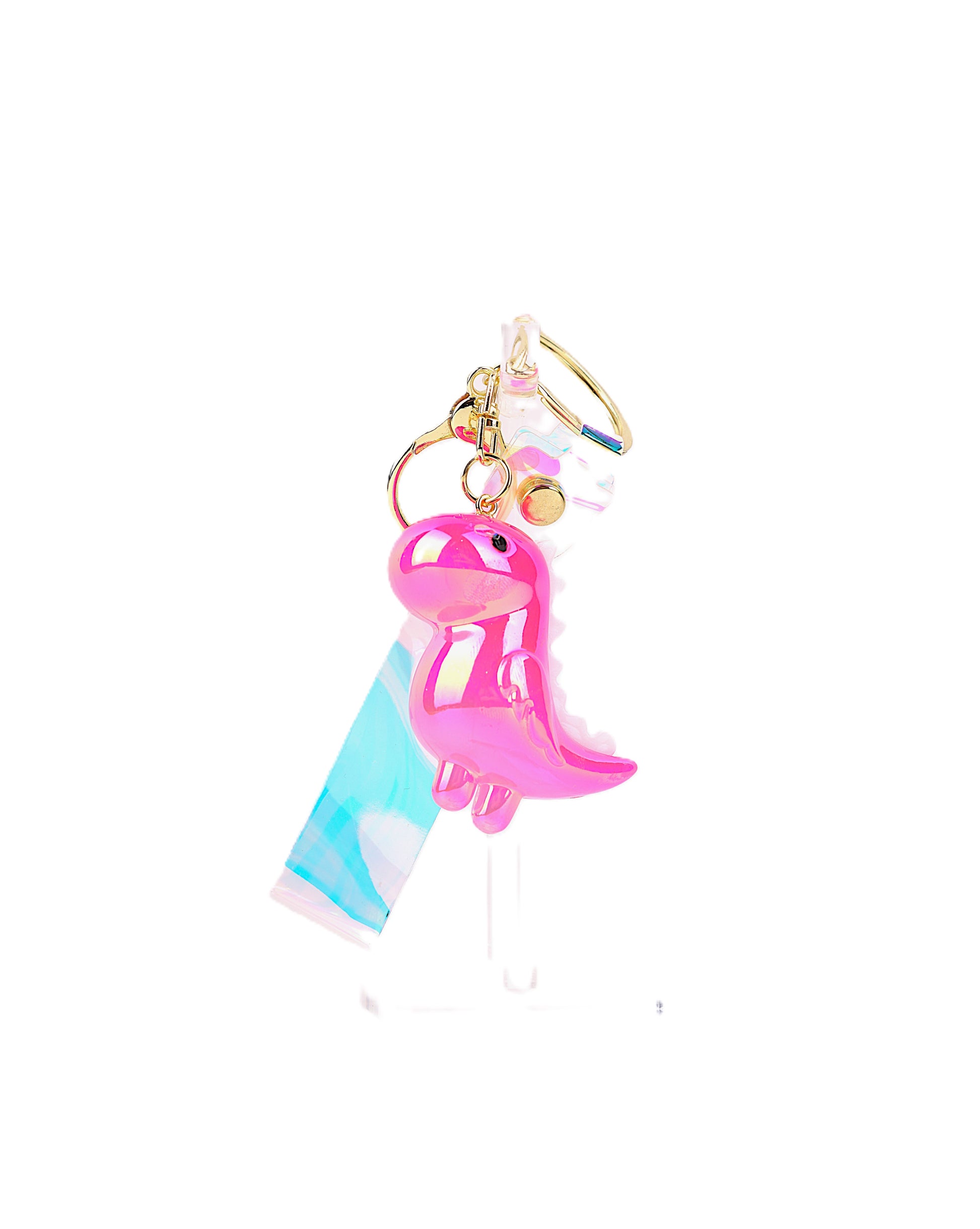 Vibrant pink dinosaur keyring with a glossy finish and a playful design, perfect for accessorizing keys, bags, or gifting.