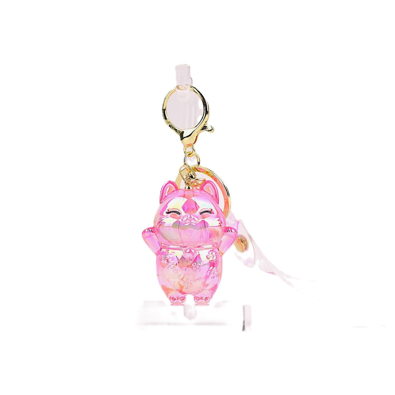 Glossy pink lucky cat keyring with glitter details, featuring a playful Maneki-neko design, perfect for accessorizing keys, bags, or gifting.