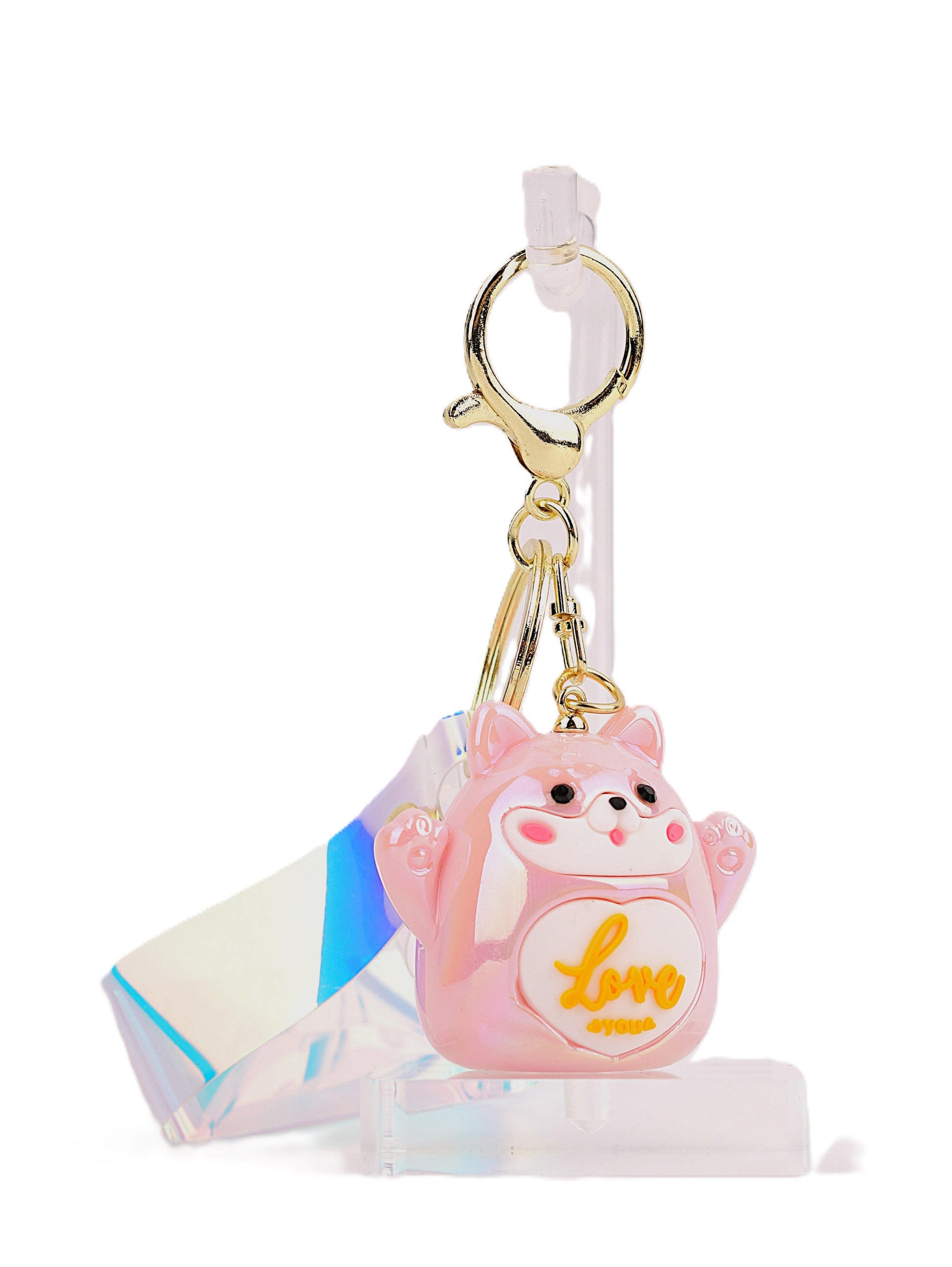 Pink Shiba Inu keyring with a glossy finish and 'Love' design, ideal for accessorizing keys, bags, or gifting.