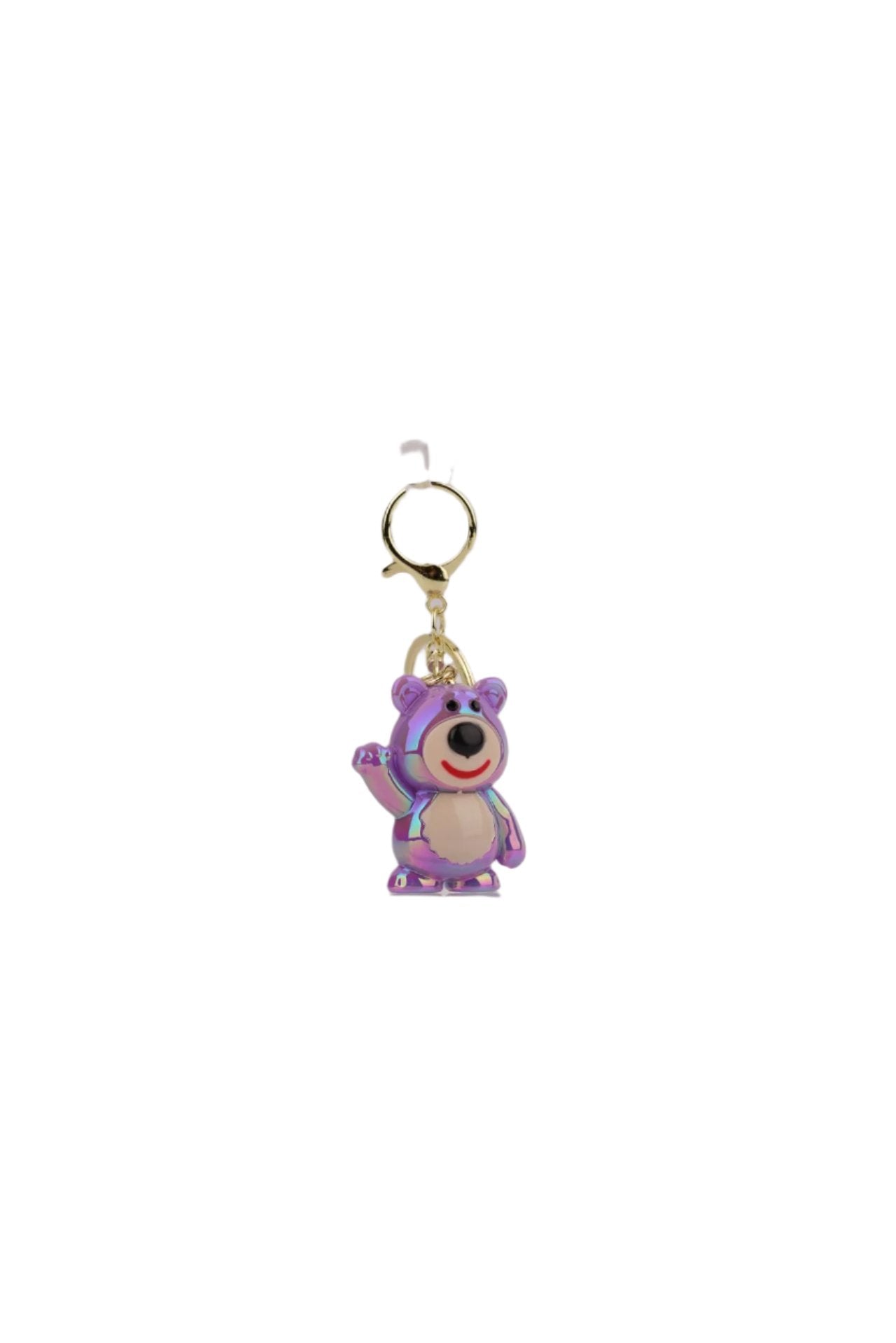 Iridescent bear-shaped keyring with a glossy metallic finish, featuring a smiling bear design, perfect for decorating bags, keys, or as a gift.
