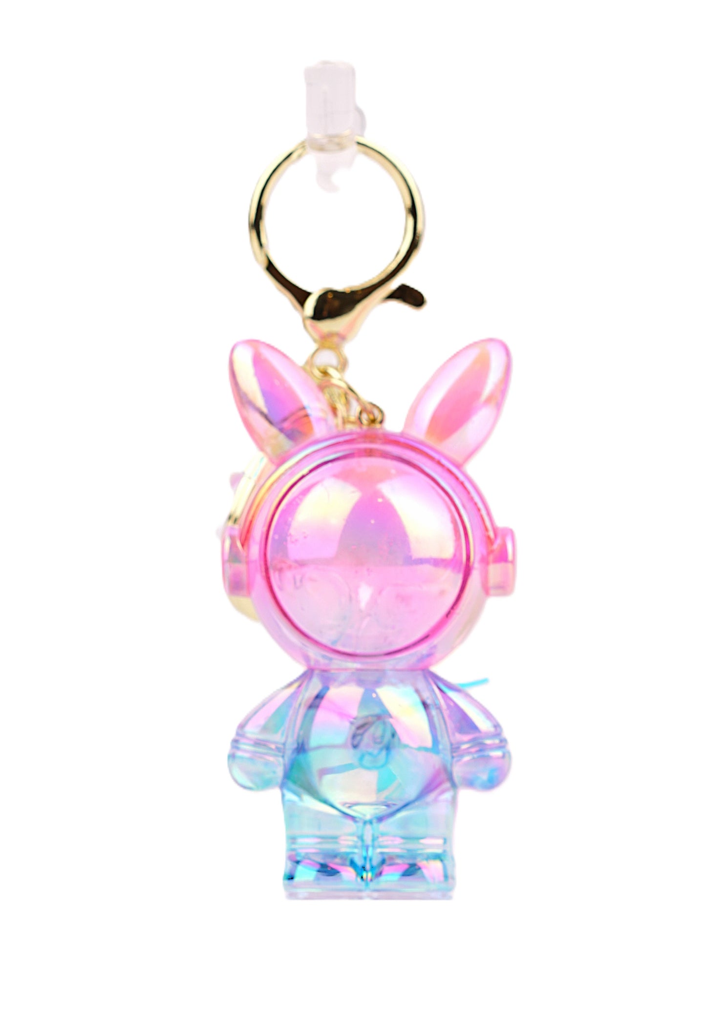 Pink and blue gradient astronaut bunny keyring with an iridescent finish, featuring a playful design ideal for decorating keys, bags, or gifting.