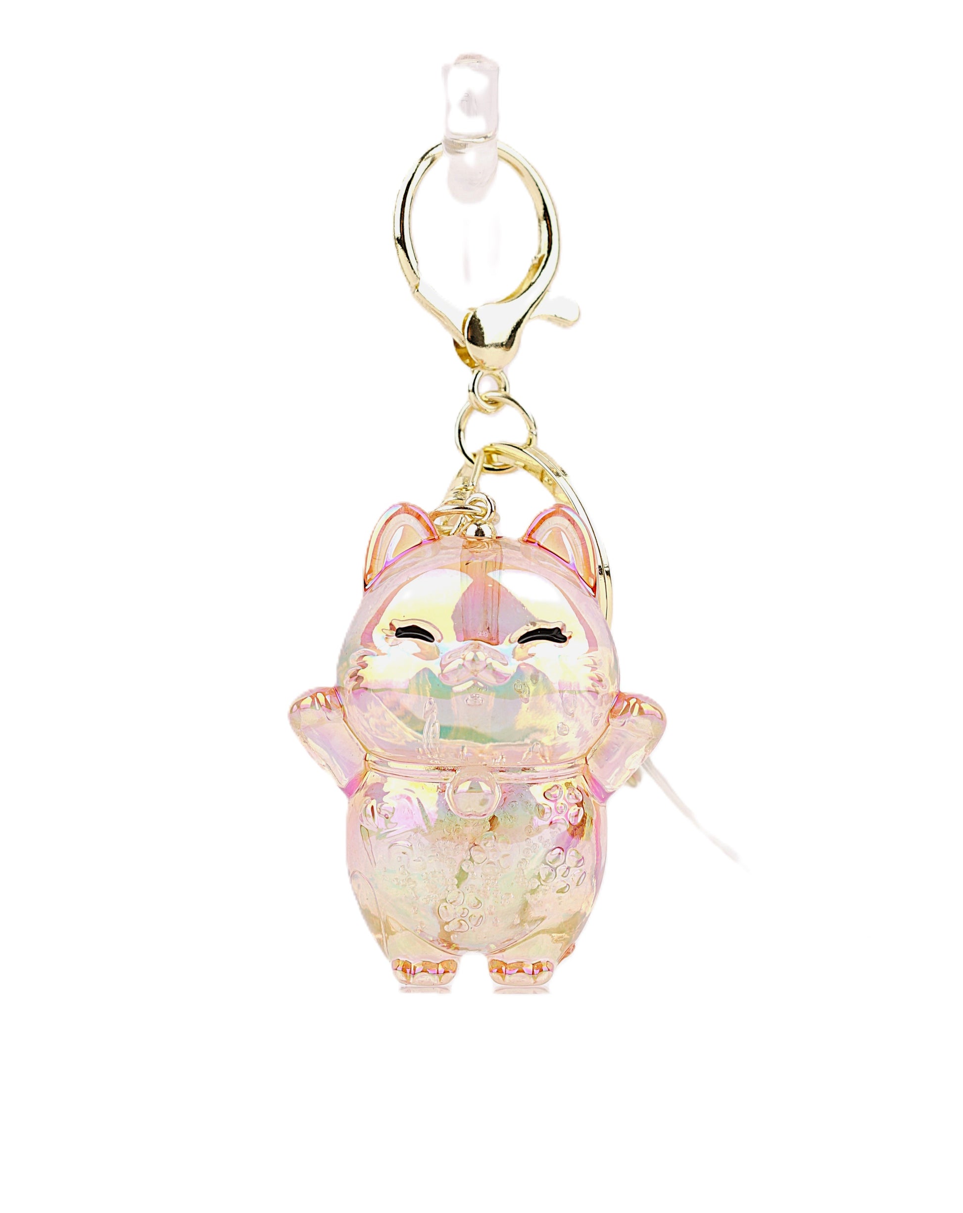 Translucent Lucky Cat keyring with an iridescent finish and glitter details, featuring a Maneki-neko design perfect for keys, bags, or gifting.