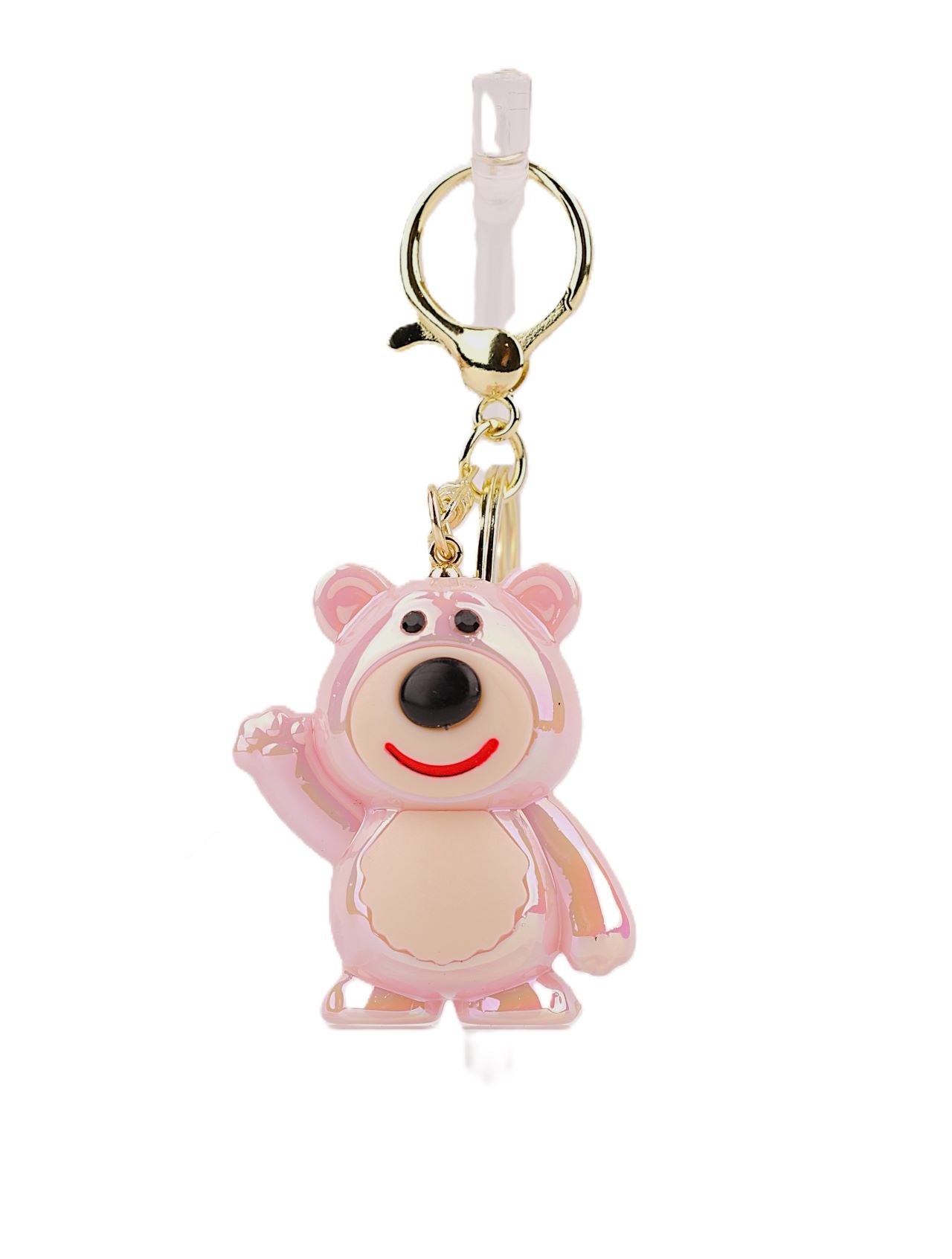 Glossy pink bear keyring with a big smile and waving design, perfect for accessorizing keys, bags, or gifting.